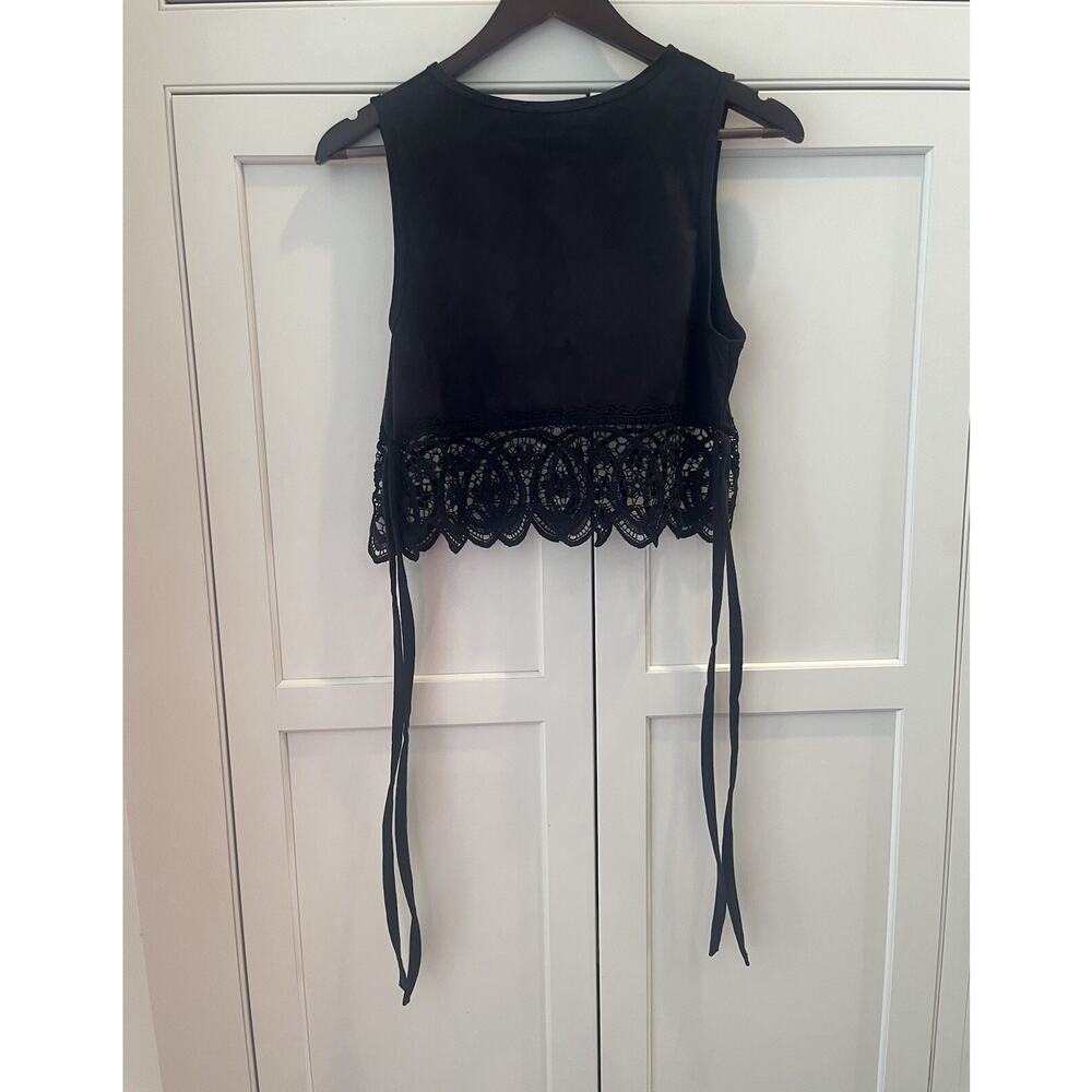 ZARA TRAFALUC Classy black suede crop top crochet lace hem ribbon side tie sz S